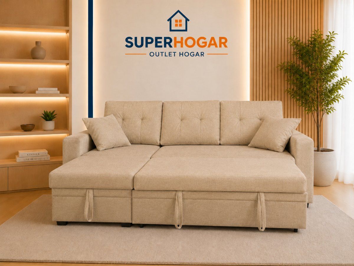 Sofá Seccional Cama 2 Plazas Baul Lino Beige Sidney outlet